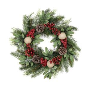 Christmas-Wreath, 20 in Handcrafted Farmhouse Wreath with Variant Red Berry & Ev